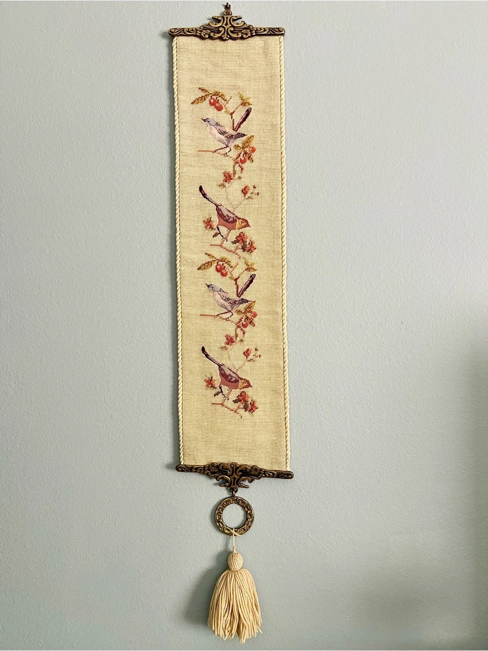 Vintage Petit Point Bell Pull Wall Hanging Bird Floral Tapestry 45”
